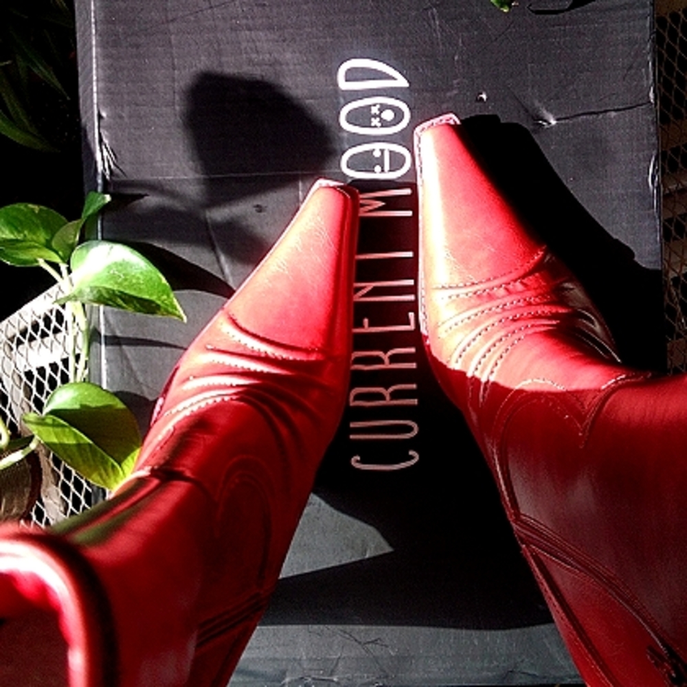 Dolls Kill Red Pointed-Toe Mid-Calf Heeled Boots - Picture 7 of 16